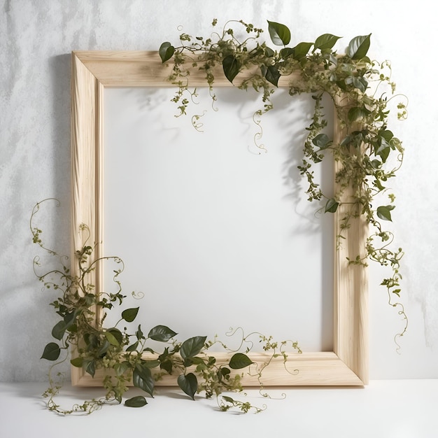 Wooden frame decorated with flowers and leaves around