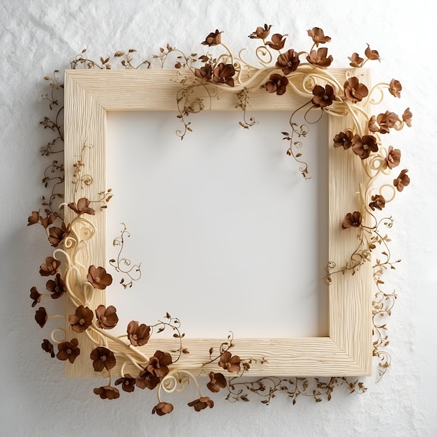 Wooden frame decorated with flowers and leaves around