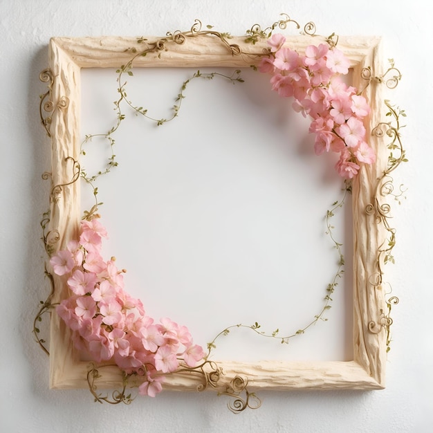 Wooden frame decorated with flowers and leaves around