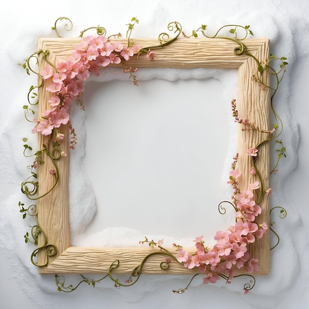 Wooden frame decorated with flowers and leaves around