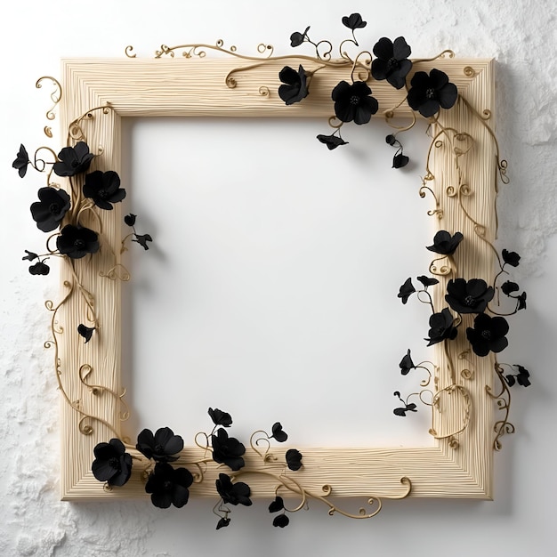 Wooden frame decorated with flowers and leaves around