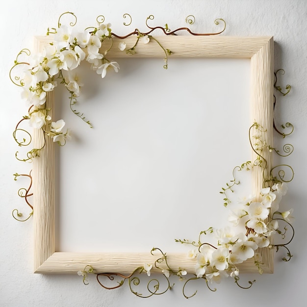 Wooden frame decorated with flowers and leaves around