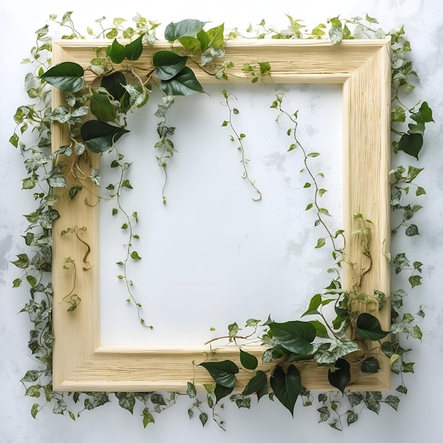 Wooden frame decorated with flowers and leaves around