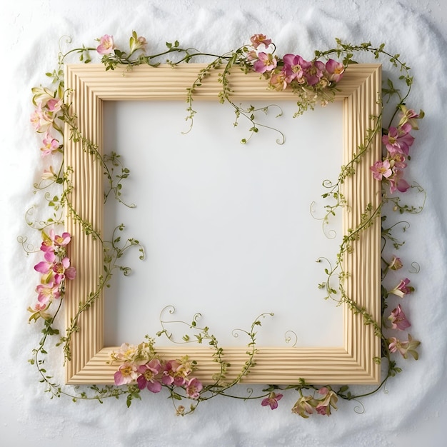 Wooden frame decorated with flowers and leaves around