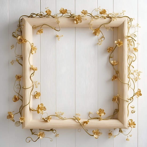 Wooden frame decorated with flowers and leaves around