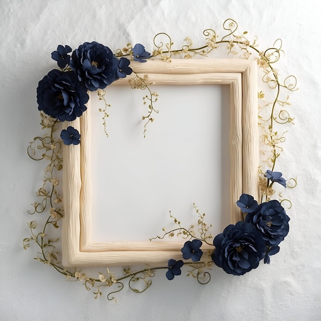 Wooden frame decorated with flowers and leaves around