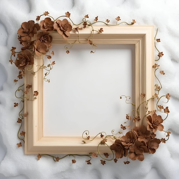 Wooden frame decorated with flowers and leaves around