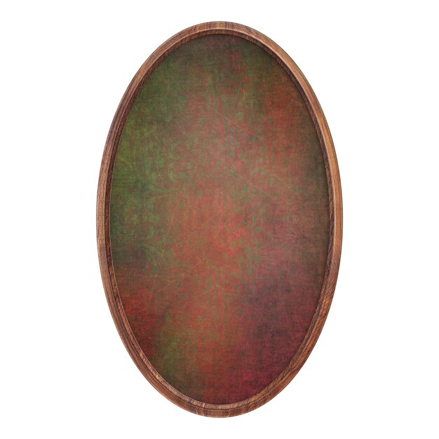 Wooden frame Empty brown oval frame with red green abstract fill texture isolated on white