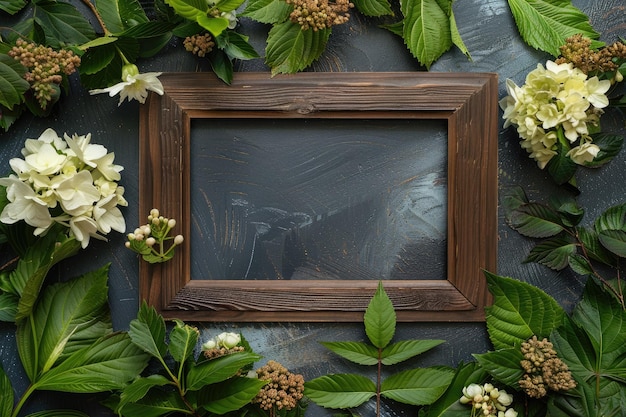 Photo wooden frame and flowers with leaves