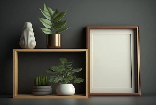 Wooden frame mockup with plant in vase on wall background generative Ai