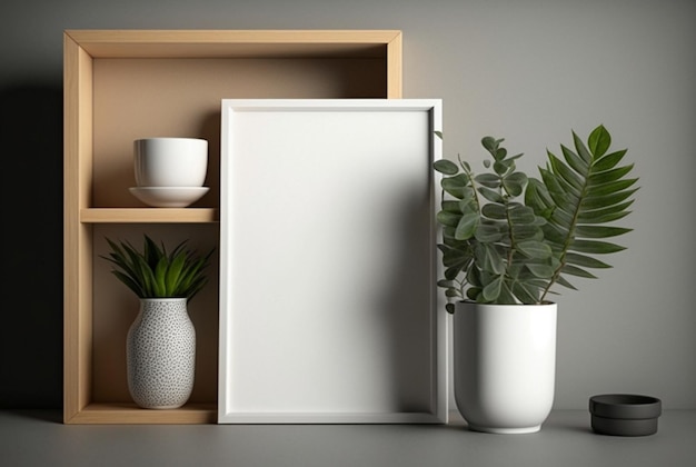 Wooden frame mockup with plant in vase on wall background generative Ai