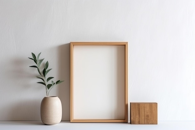 Wooden frame mockup with a plant in a vase on a white table