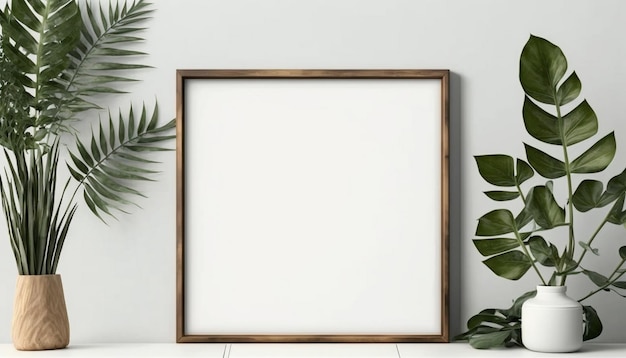 A wooden frame next to a plant on a white shelf.