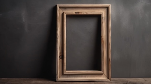 A wooden frame on a shelf with a dark background.