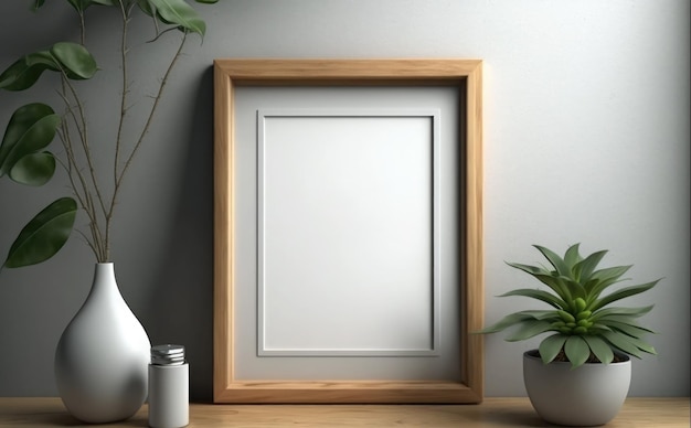 A wooden frame on a shelf with plants and a plant