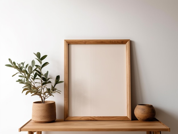 A wooden frame sits on a table next to a plant.