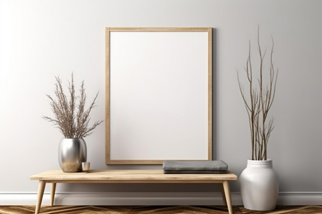 A wooden frame sits on a table next to a vase with flowers.