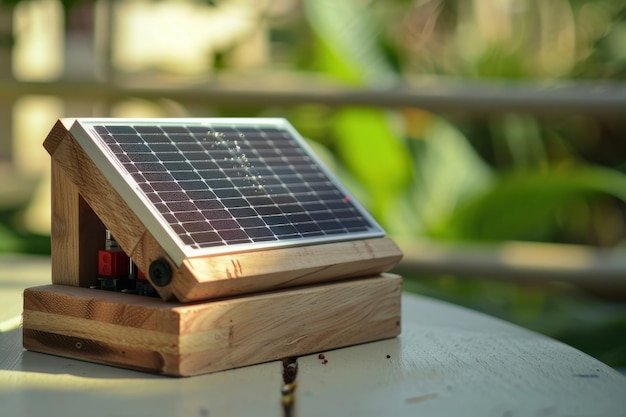 Wooden Frame Solar Panel Sitting On Table In Daylight