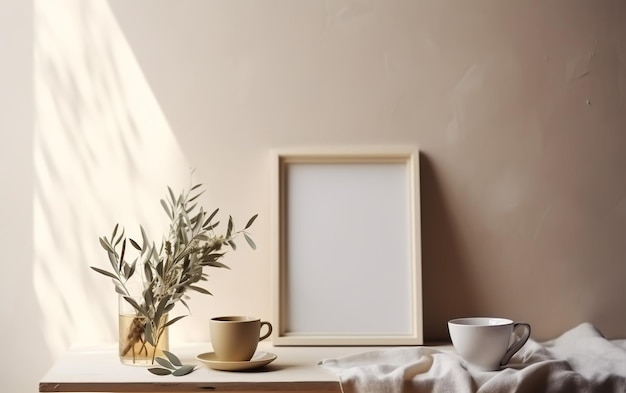 A wooden frame next to a vase of olives and a cup of coffee on a table.