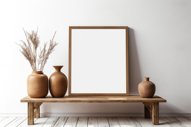 Wooden frame on a white wall with three vases