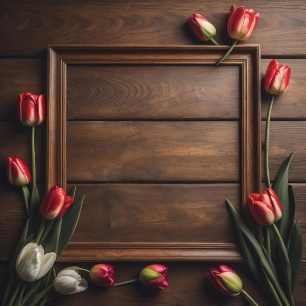 Photo a wooden frame with flowers on it and a frame with a picture of tulips on it.