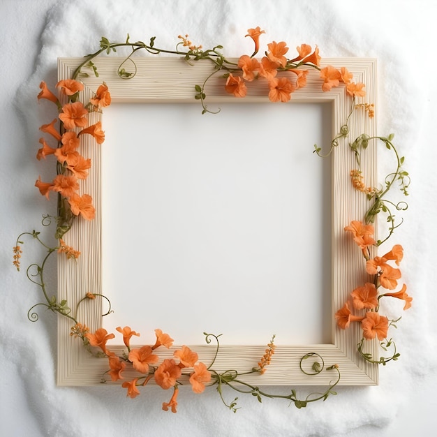 A wooden frame with flowers on it and a white background