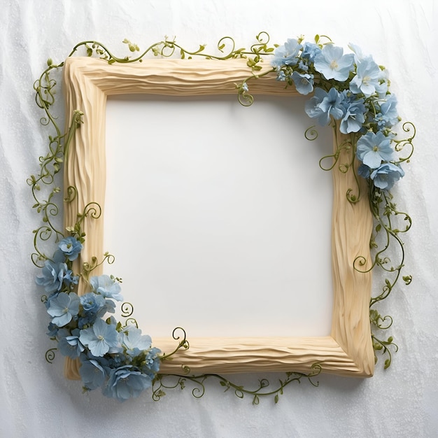 A wooden frame with flowers on it and a white background