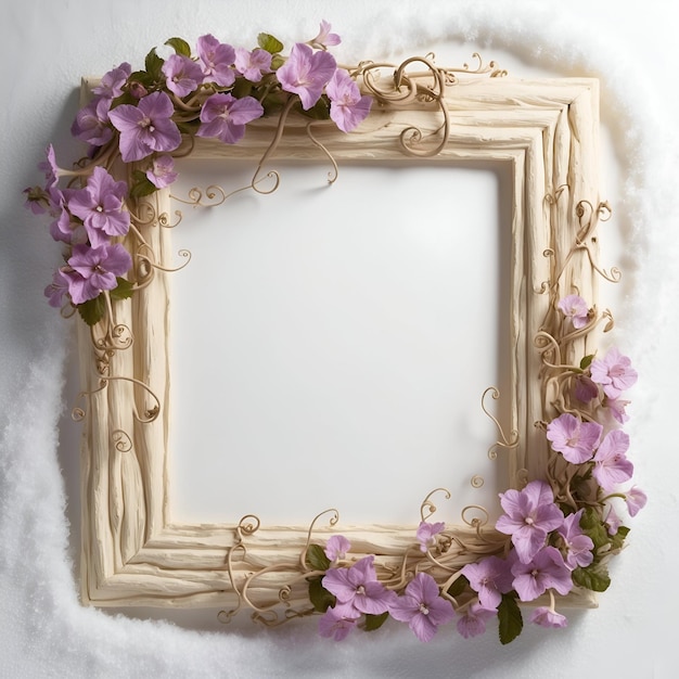 A wooden frame with flowers on it and a white background