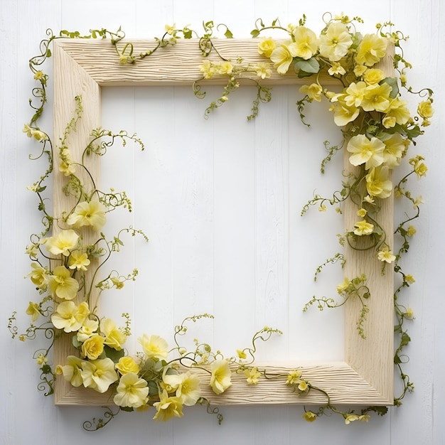 A wooden frame with flowers on it and a white background