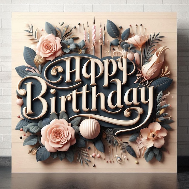 Photo a wooden frame with flowers and the words happy birthday on it