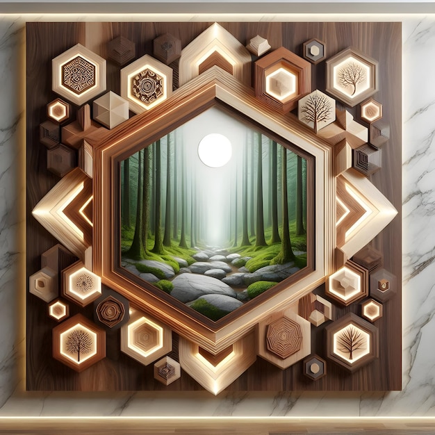 Wooden frame with a forest scene with a forest scene on the bottom ai generator