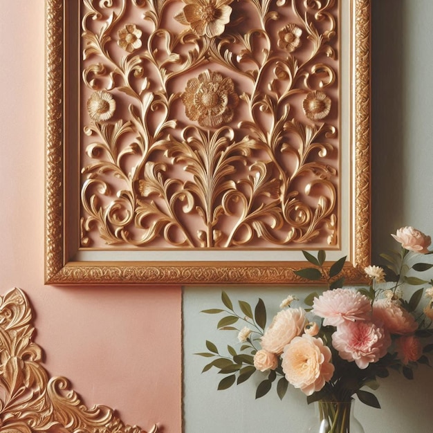 A wooden frame with leaves and flowers on it