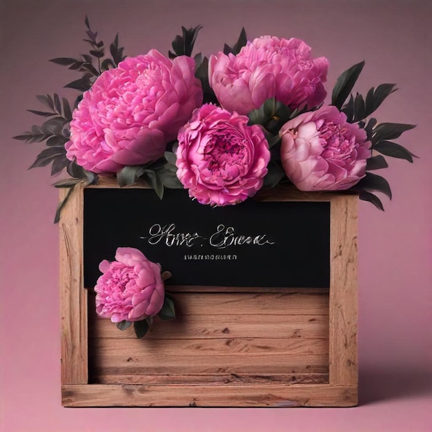 Photo a wooden frame with pink peonies and a black board with the words white wine