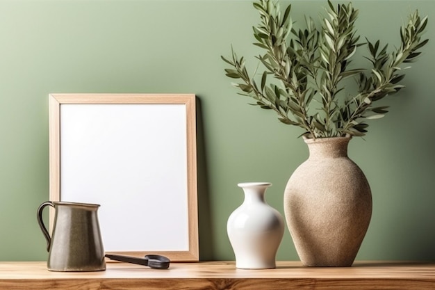 A wooden frame with a plant in it next to a vase and a vase with a plant in it.