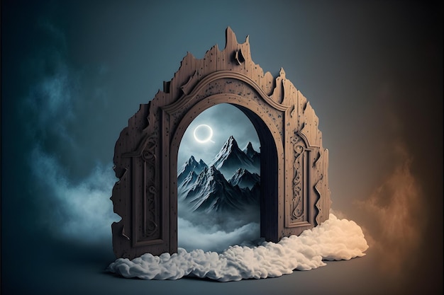 Wooden gate in dim clouds in an empty room. Portal to another world, magical realism, parallel world