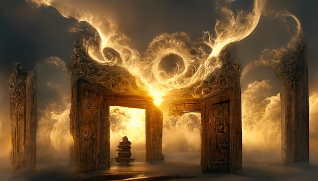 Wooden gate in thick smoke in the form of clouds to the portal 3d render. Raster illustration.