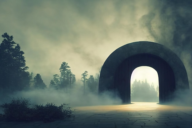 Wooden gate in thick smoke in the form of clouds to the portal to the underworld. 3d render