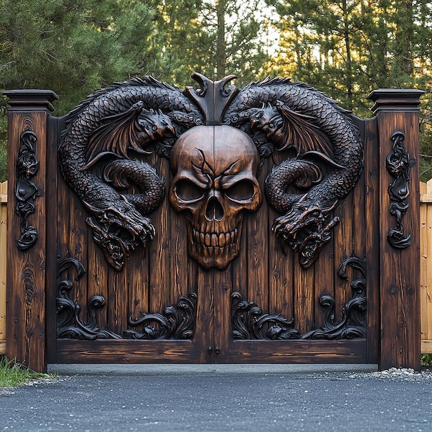 Photo a wooden gate with a dragon on it that says quot dragon quot