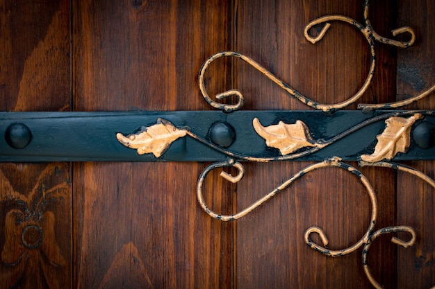 Wooden gate with wrought iron elements close up.