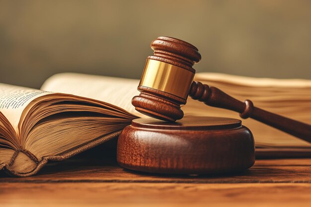 A Wooden Gavel on a Courtroom Desk Representing Justice