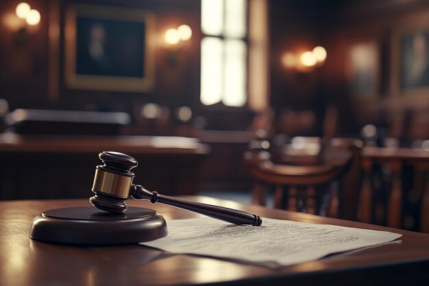 A Wooden Gavel on a Courtroom Desk Representing Justice