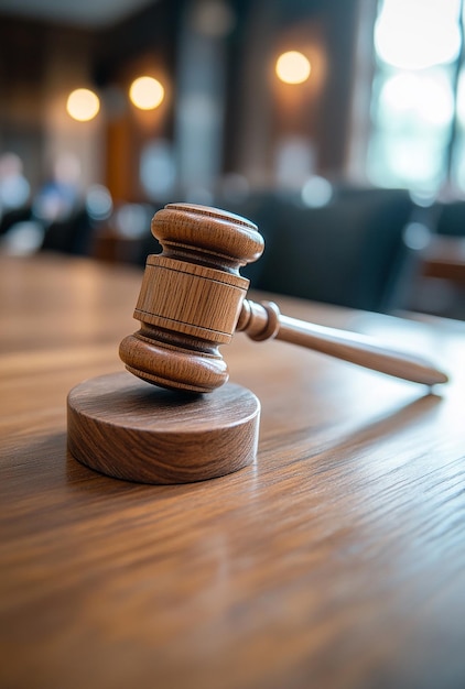 Photo a wooden gavel on a courtroom desk representing justice