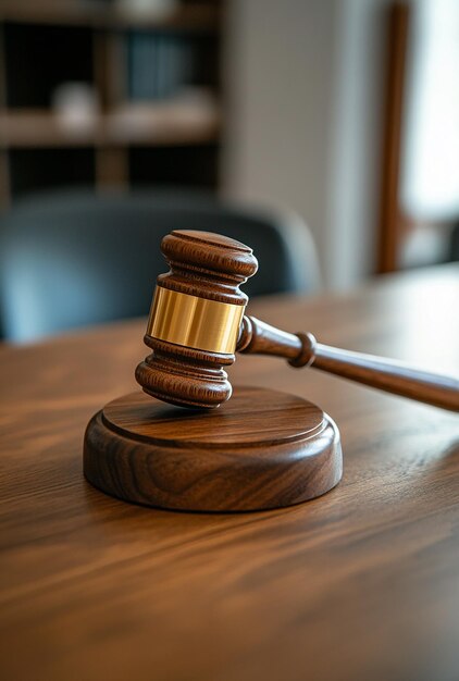 A Wooden Gavel on a Courtroom Desk Representing Justice