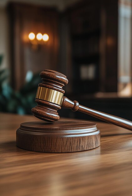 A Wooden Gavel on a Courtroom Desk Representing Justice