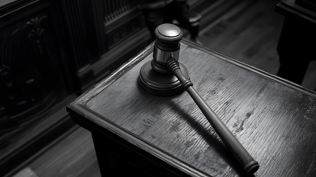 Photo wooden gavel on a dark wood surface in a courtroom