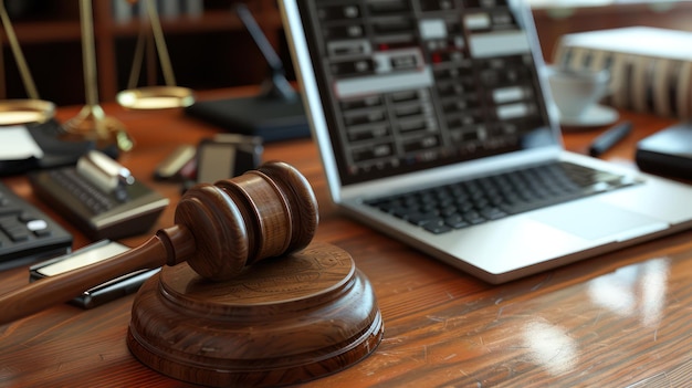 a wooden gavel on a desk with a laptop and a keyboard behind it