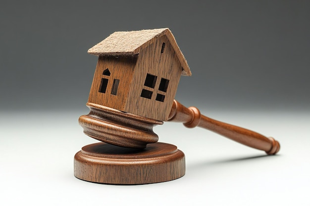 Photo a wooden gavel is on a scale with a house on the top