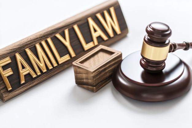 Wooden gavel is sitting on sound block near family law sign on white background