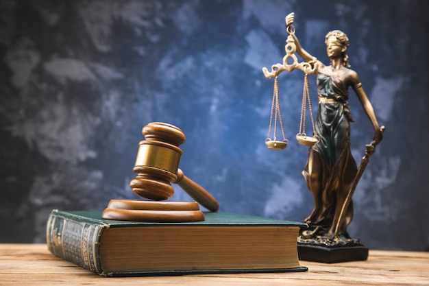 Wooden gavel on law book and lady justice