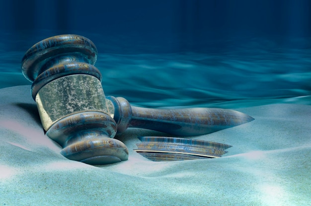 Wooden gavel on ocean bottom underwater 3D rendering